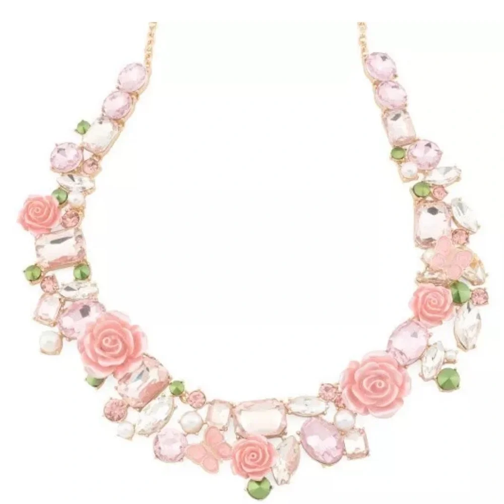 NEW Betsey Johnson Elegant Statement Pink Rose Collar Necklace 14”-19” - Picture 5 of 16